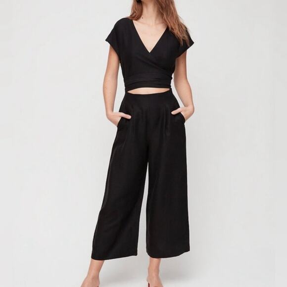 Aritzia Wilfred Womens Brax Linen Blend Cut Out Jumpsuit Size 2 Black Wide Leg - Picture 1 of 13